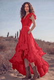 White Ruffled Lace Asymmetrical Boho Western Wedding Dress