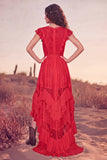 White Ruffled Lace Asymmetrical Boho Western Wedding Dress