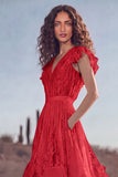 White Ruffled Lace Asymmetrical Boho Western Wedding Dress