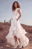 White Ruffled Lace Asymmetrical Boho Western Wedding Dress
