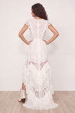 White Ruffled Lace Asymmetrical Boho Western Wedding Dress