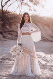 White Floral A Line Lace 2 Piece Long Boho Wedding Dress