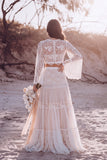 White Floral A Line Lace 2 Piece Long Boho Wedding Dress