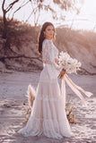 White Floral A Line Lace 2 Piece Long Boho Wedding Dress