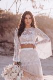 White Floral A Line Lace 2 Piece Long Boho Wedding Dress