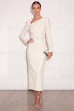 Ivory Asymmetrical Neck Pencil Long Work Dress with Slit