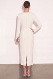 Ivory Asymmetrical Neck Pencil Long Work Dress with Slit