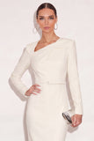 Ivory Asymmetrical Neck Pencil Long Work Dress with Slit