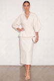 White 2 Piece V-Neck Pencil Single Breasted Midi Work Dress