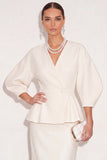 White 2 Piece V-Neck Pencil Single Breasted Midi Work Dress