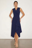 Navy V-Neck Ruffled Asymmetrical Work Dress