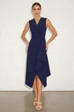 Navy V-Neck Ruffled Asymmetrical Work Dress