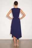 Navy V-Neck Ruffled Asymmetrical Work Dress