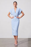 Light Blue V-Neck Pencil Midi Work Dress with Belt