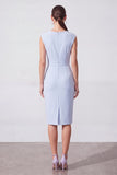 Light Blue V-Neck Pencil Midi Work Dress with Belt