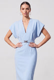 Light Blue V-Neck Pencil Midi Work Dress with Belt