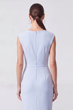 Light Blue V-Neck Pencil Midi Work Dress with Belt