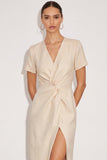 Ivory Pencil V-Neck Midi Work Dress with Slit