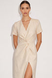 Ivory Pencil V-Neck Midi Work Dress with Slit