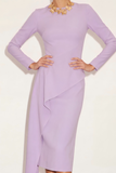Lilac Pencil Ruffled Midi Work Dress with Back Slit