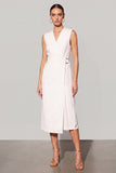 A Line White V Neck Midi Work Dress with Belt