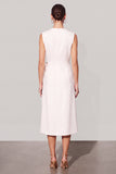 A Line White V Neck Midi Work Dress with Belt