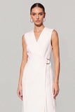 A Line White V Neck Midi Work Dress with Belt
