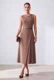 A Line Brown Round Neck Long Work Dress with Belt