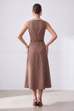 A Line Brown Round Neck Long Work Dress with Belt