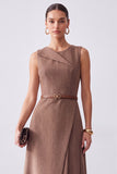 A Line Brown Round Neck Long Work Dress with Belt