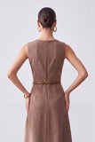 A Line Brown Round Neck Long Work Dress with Belt