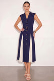 Navy A Line Single Breasted Peak Lapel Midi Work Dress with Belt