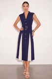 Navy A Line Single Breasted Peak Lapel Midi Work Dress with Belt