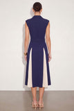 Navy A Line Single Breasted Peak Lapel Midi Work Dress with Belt