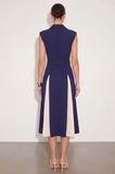 Navy A Line Single Breasted Peak Lapel Midi Work Dress with Belt