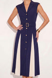 Navy A Line Single Breasted Peak Lapel Midi Work Dress with Belt