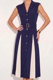 Navy A Line Single Breasted Peak Lapel Midi Work Dress with Belt