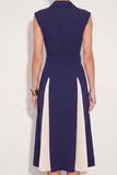Navy A Line Single Breasted Peak Lapel Midi Work Dress with Belt