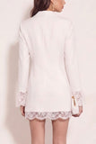 White Double Breasted Shawl Lapel Short Work Dress with Lace