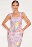 Sparkly Lilac Floral Sequin Bodycon Long Formal Dress