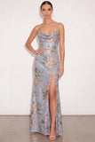 Sparkly Ligth Blue Floral Sequin Long Formal Dress with Slit