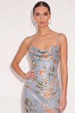 Sparkly Ligth Blue Floral Sequin Long Formal Dress with Slit