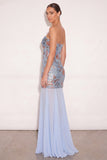 Sparkly Floral Sequin Ligth Blue Chiffon Long Formal Dress