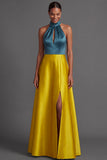 Satin A Line Halter Neck Golden Long Wedding Guest Dress with Slit