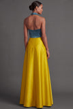 Satin A Line Halter Neck Golden Long Wedding Guest Dress with Slit