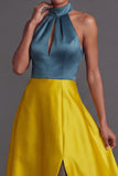 Satin A Line Halter Neck Golden Long Wedding Guest Dress with Slit