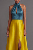 Satin A Line Halter Neck Golden Long Wedding Guest Dress with Slit