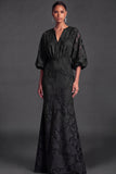 Dark Green Floral Mermaid Puff Sleeves Long Wedding Guest Dress