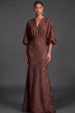 Dark Green Floral Mermaid Puff Sleeves Long Wedding Guest Dress