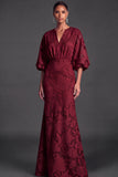 Dark Green Floral Mermaid Puff Sleeves Long Wedding Guest Dress